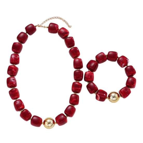Chic Retro Style Jewelry Accessories 1 Set Red Beaded Bracelet Necklace, Acrylic Square Bead Choker Comfortable Lightweight Neck And Set, Chunky