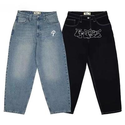 ZYLLO Streetwear Y2K Hip Hop Retro Blue Loose Jeans Harajuku Jeans High Waist Loose Letter Embroidered Trousers