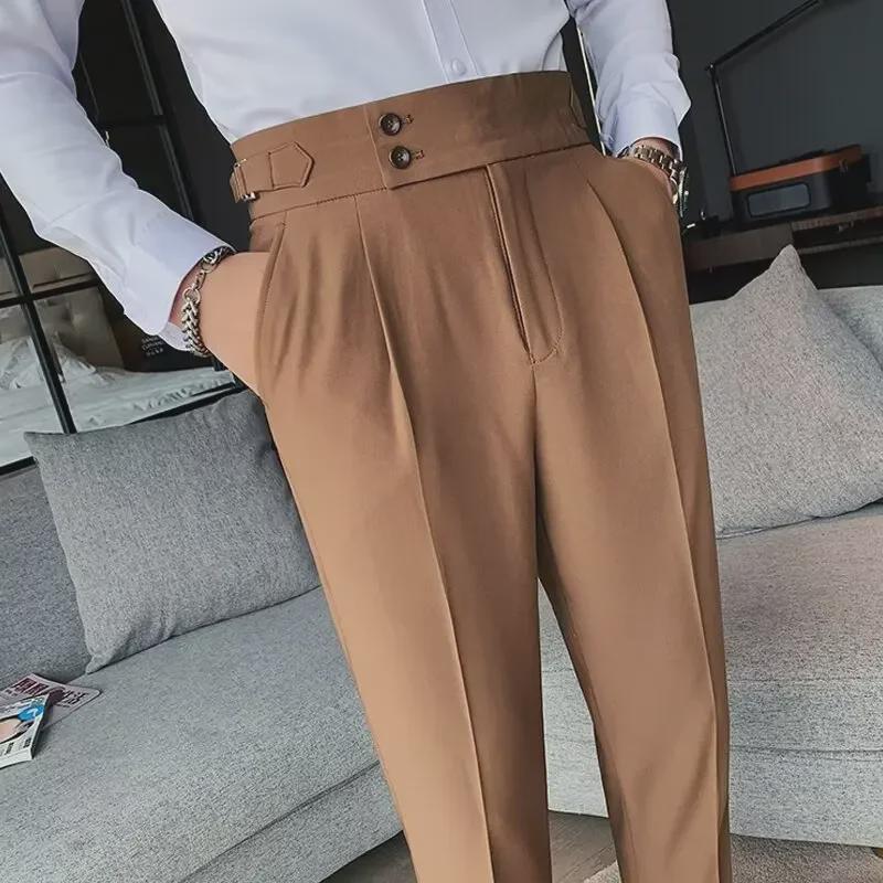 "Men's Italian High-Waist Adjustable Buckle Nine-Point Suit Trousers"