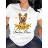 European Size Women's Cute Yorkie Dog Graphic T-Shirt, Casual Round Neck Short Sleeve Sporty Tee, Ladies Athletic Top with Sunflower Design