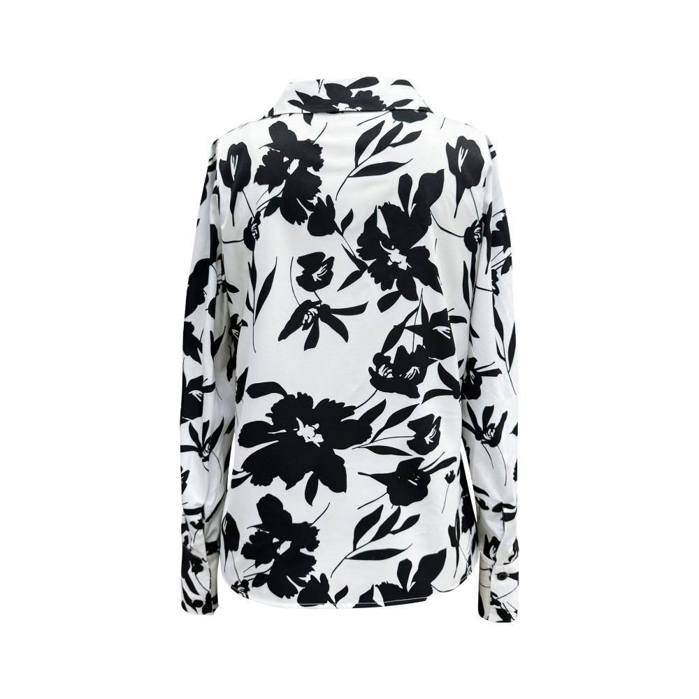 Women's Fashion Elegant V-Neck Open Lapel Long Sleeve Floral Printed Shirt