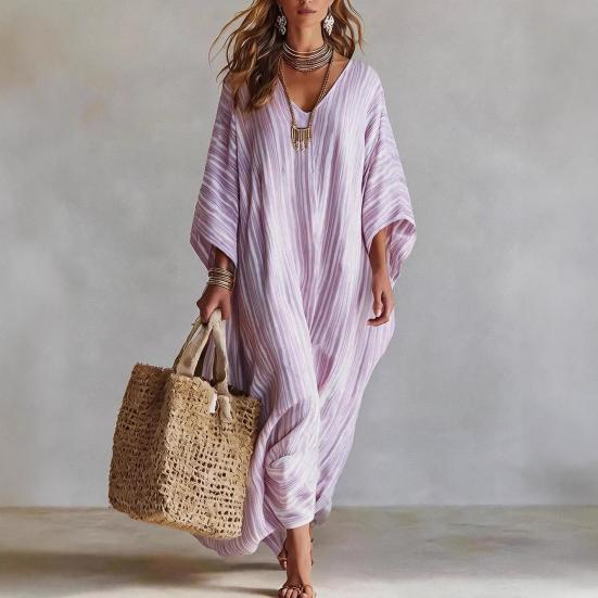 Women's Summer Striped Maxi Dress Loose Fit V-Neck 46085 Sleeve Boho Long Dress Casual