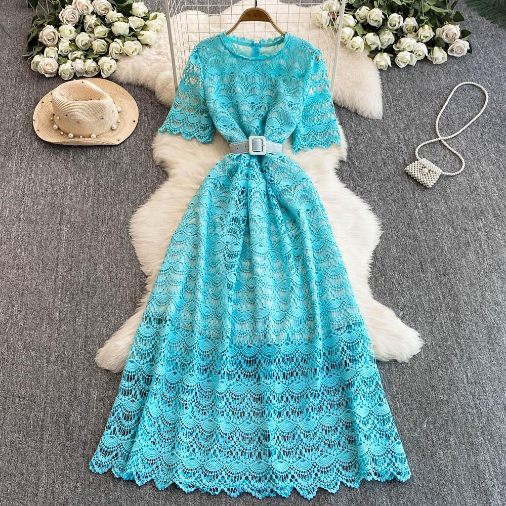 A Mid-length Dress with A Light Luxury Fashionable and Slimming Cutout Water-soluble Lace Design