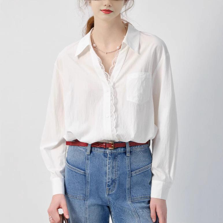 White women s long-sleeve shirt, 2026 spring new style, lace trim, loose-fitting top S белый