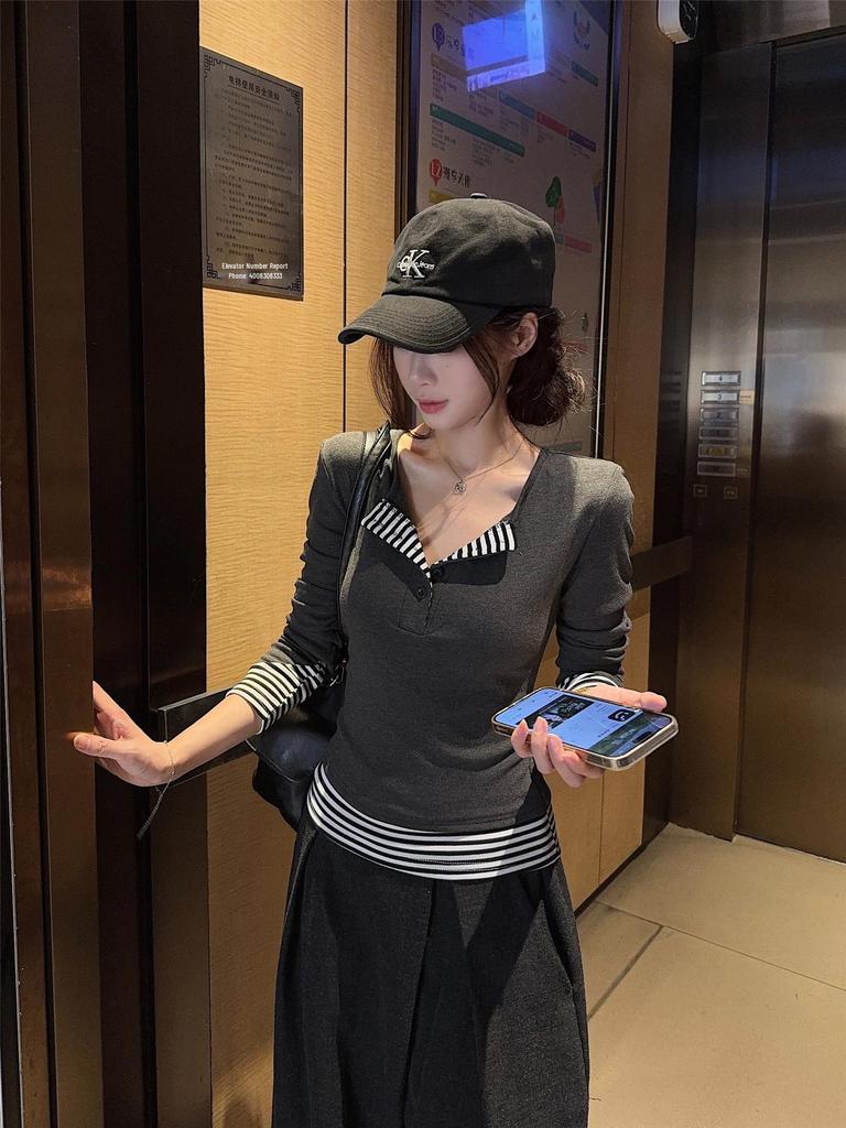 Women's Striped Patchwork Faux Two-Piece Long-Sleeve Shirt - 2025 Autumn Korean Style Slimming Base Layer