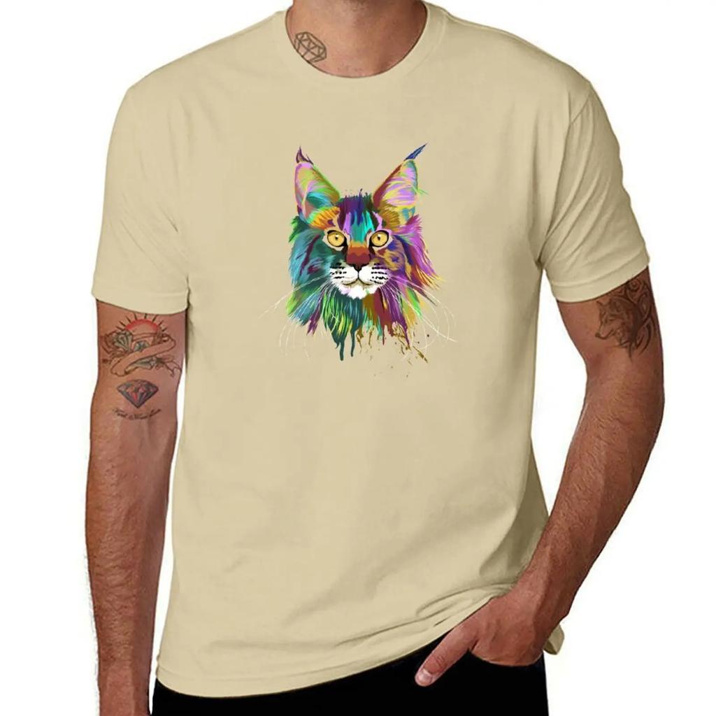 Splash Maine coon Cat TShirt vintage sweat korean fashion summer top workout shirts for men 2025 new model