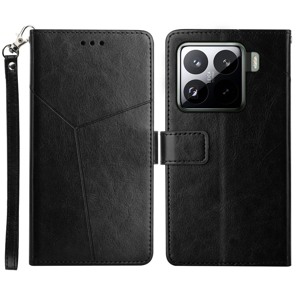 For Xiaomi 15 Pro Case with Wrist Strap Y Shaped Lines Imprint Leather Phone Cover