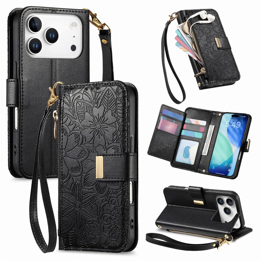 For iPhone 17 Pro Case Floral Leaf Pattern Multi Card Slots Zipper Leather Phone Cover with Wrist Strap