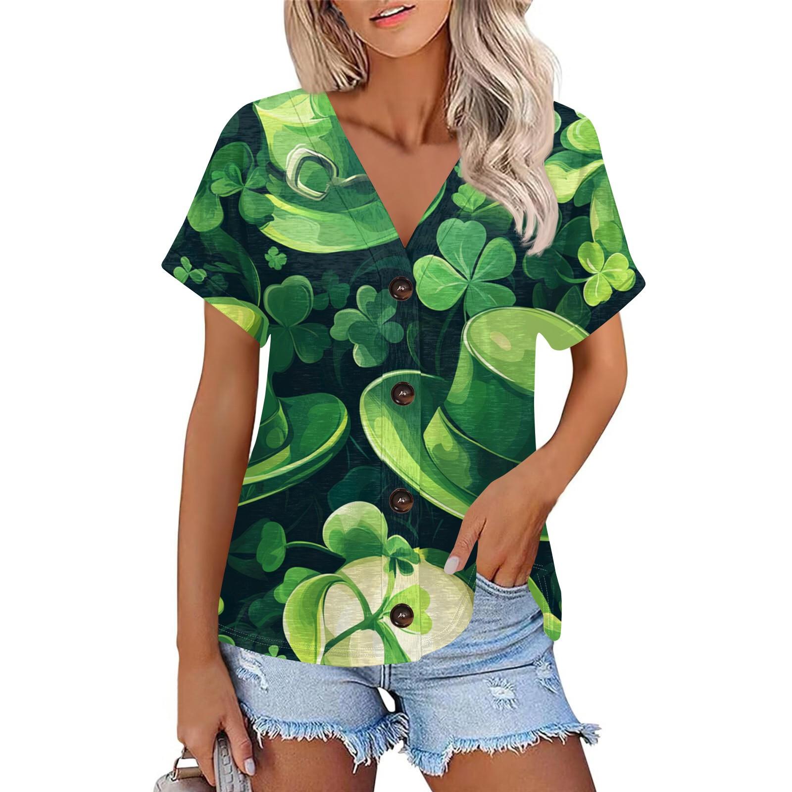 

Женская мода с коротким рукавом и V-образным вырезом St. Футболка с принтом Patrick Top Casual на пуговицах M