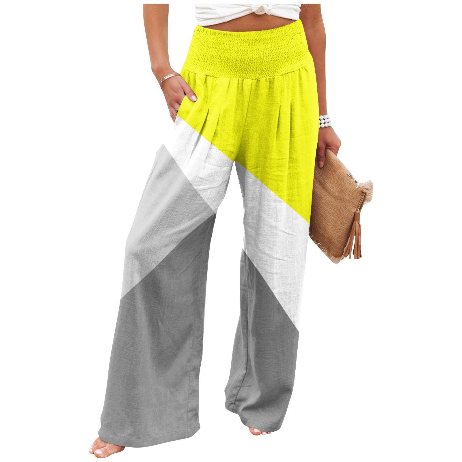 

Женские летние свободные брюки из хлопка и льна с эластичным поясом в клетку L жёлтый