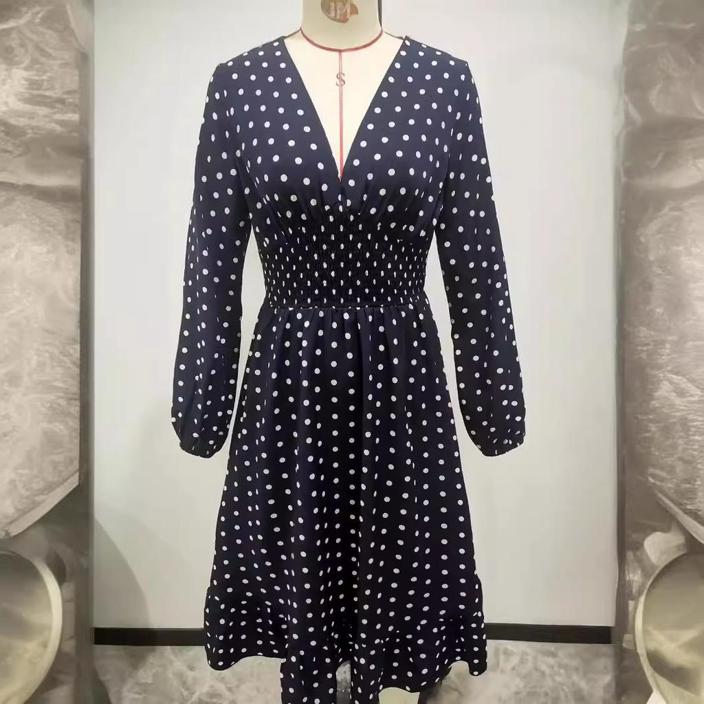 New European and American coat waist thin polka dot long sleeve foreign style dress