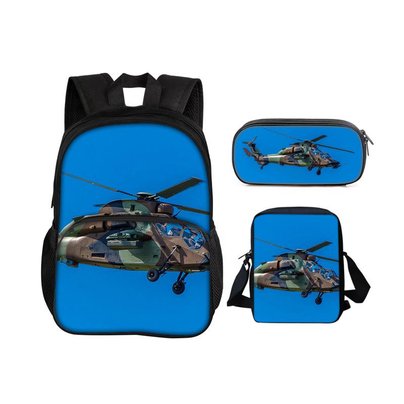 Helicopter Round Front Bag Backpack Pencil Case Shoulder Bag 3Pcs Set Mechanical Printing Best Gift for Boys and Girls In School