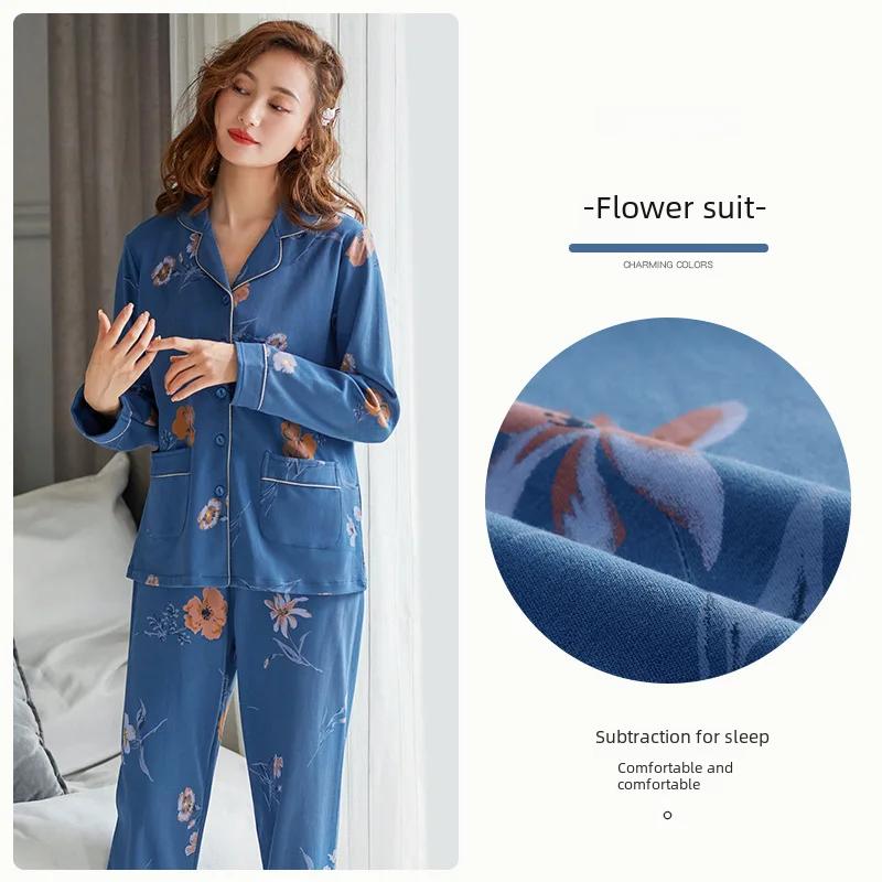 Ladies' 100% Cotton Long Sleeve Pajama Set Spring/autumn Thin Style Winter Warm Homewear Suit