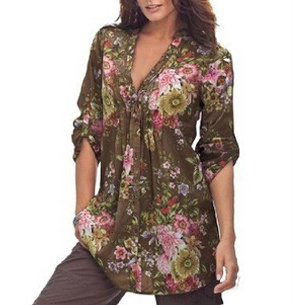 Women Tops Shirt Vintage Floral Print V Neck Tunic Tops Blouse Clothing Gift