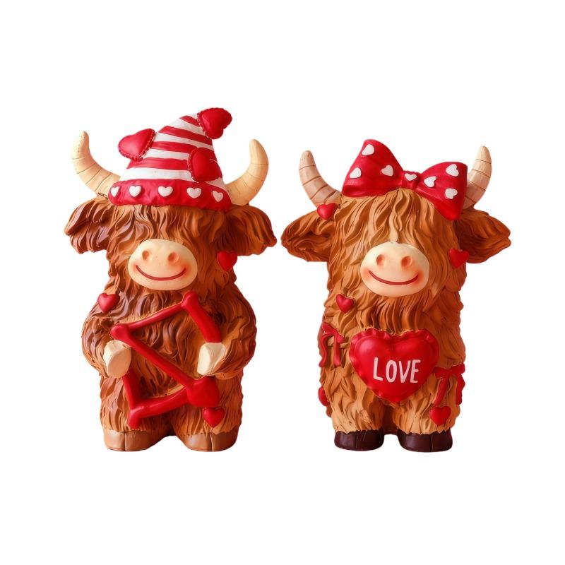 2pcs/set Valentine's Day Highland Cow Couple Home Decor Resin Ornament Romantic Couple Gift Tabletop Decorative Figurine