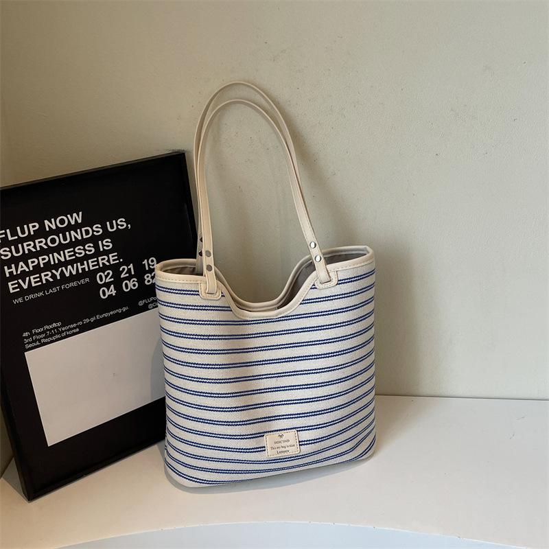 Casual Striped Canvas Bag Ladies 2025 Fashion Casual Simple Shoulder Large Capacity Work Handbag Commuter Bag