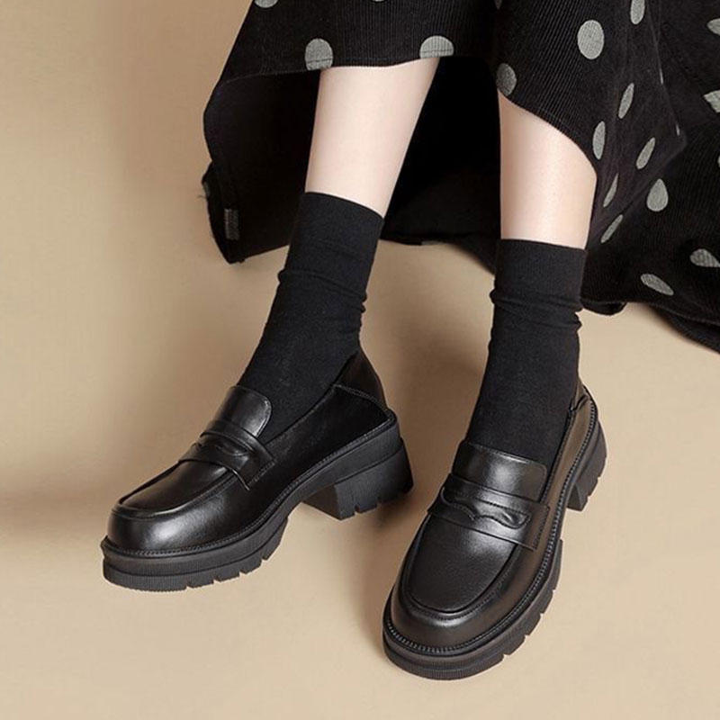 Small leather shoes women's new spring and autumn thick heel platform British style retro soft leather single shoes women