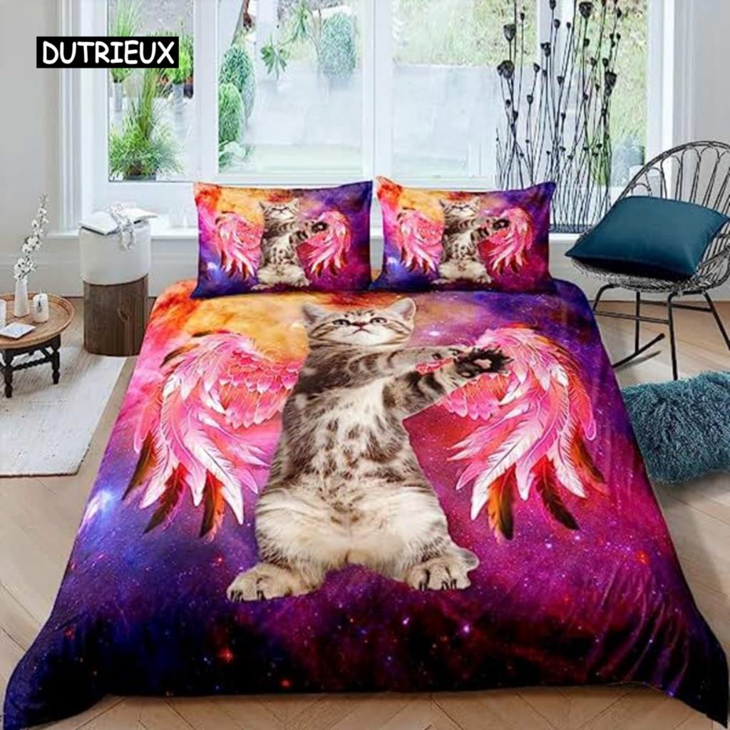 Підодіяльник Galaxy Cats for Women Children 3D Cats Комплект постільної білизни Cute Animal Theme Comforter Cover Galaxy Microfiber Quilt Cover
