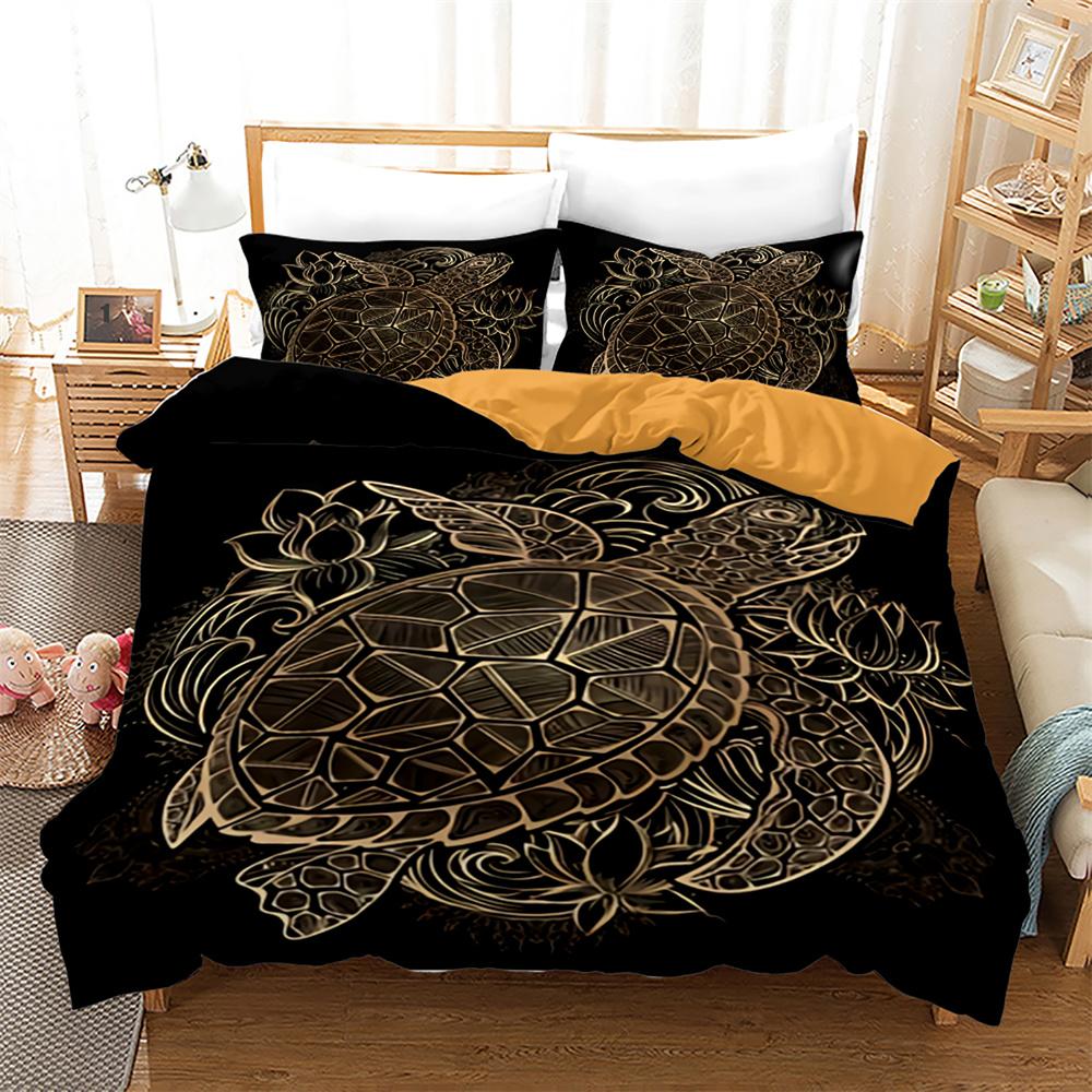 Sea Turtle Duvet Cover Set Black Gold Tortoise Reptile Bedding Set King Twin Size Polyester Comforter Cover for Kids Boys Girls
