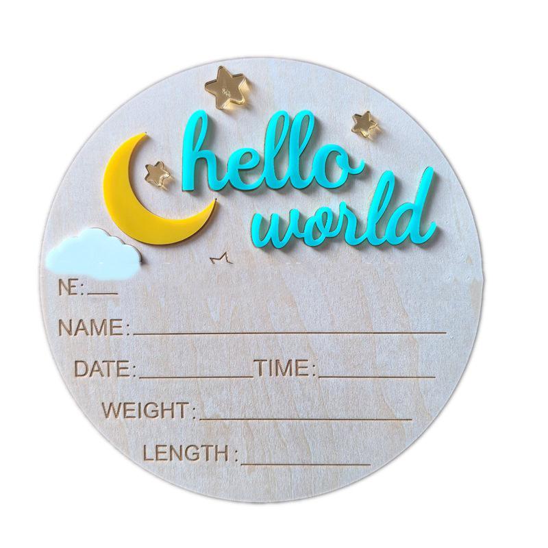 Wooden Hello World Newborn Sign, Cute Birth Announcement Board Baby Announcement