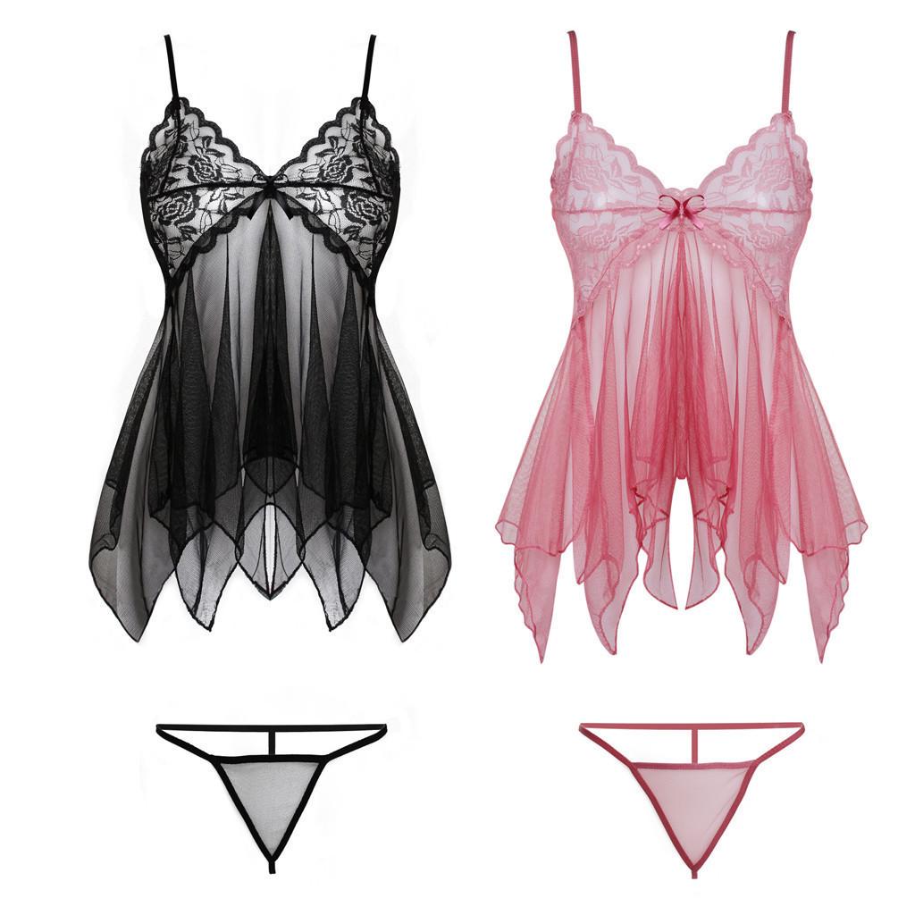 European & American Sexy Mesh Lace See-through Erotic Lingerie Pajamas for Women