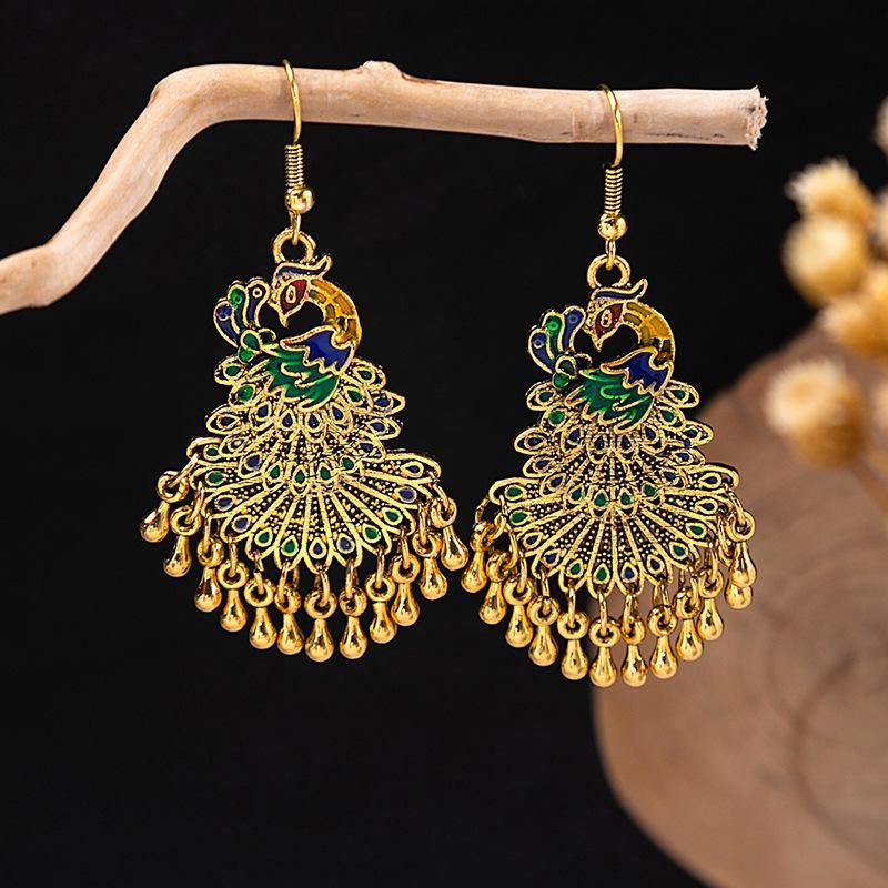 Bohemian Owl Bronze Filigree Earrings with Turquoise Tassels