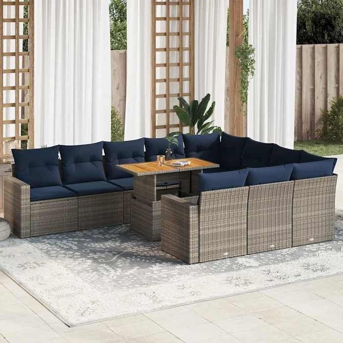 VidaXL Salon de jardin 11 pcs avec coussins gris résine tressée, ensemble de canapés d'extérieur, ensemble de canapé d'angle 3327092