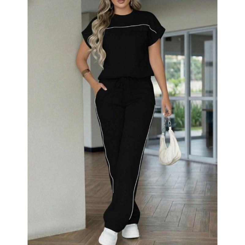 Women's Fashionable Casual Suit - Solid Color, Simple Design, Short-sleeved Straight-leg Pants Set of Two Pieces