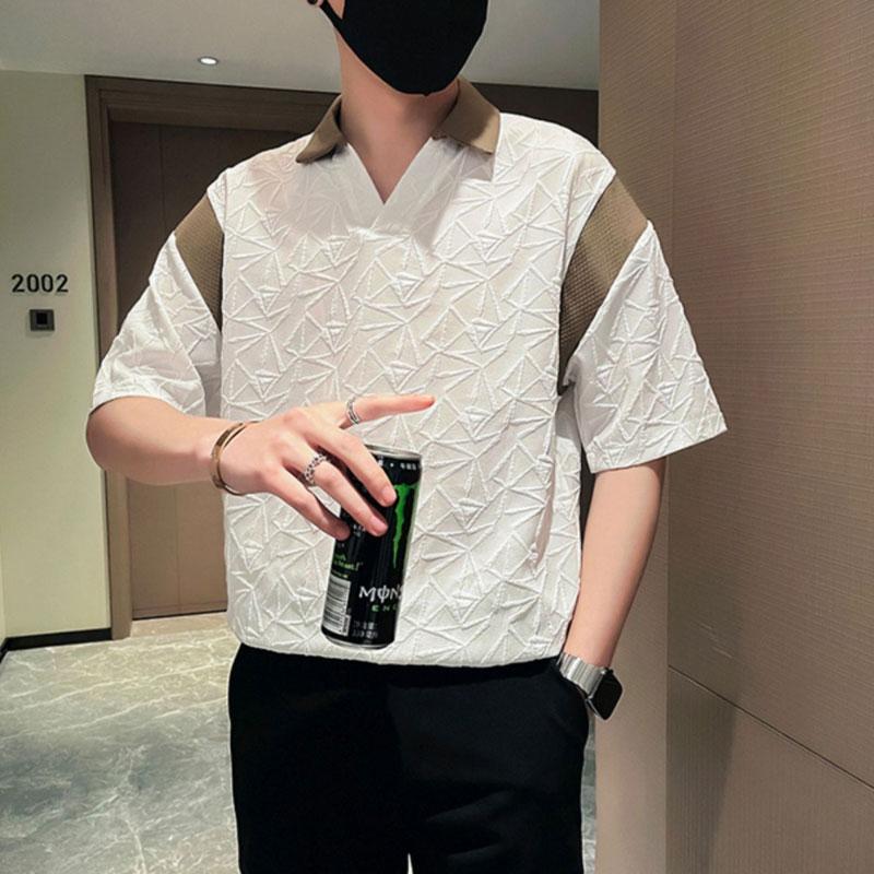 Stylish Contrasting Colors Spliced Shirts Summer Half Sleeve Men's Clothing Polo-Neck Casual Loose Basic Jacquard Weave Shirts