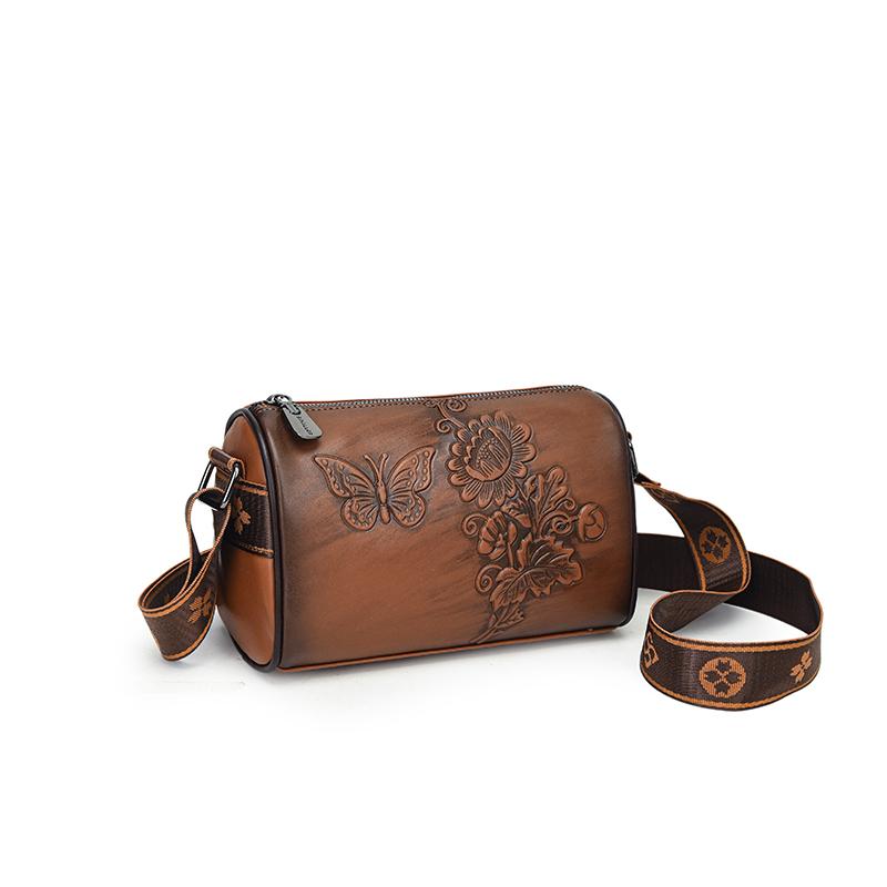 Vintage PU Leather Women Cylinder Crossbody Bag Butterfly Floral Embossed Shoulder Bag Wide Strap Retro Ladies Small Handbag for Daily Shopping