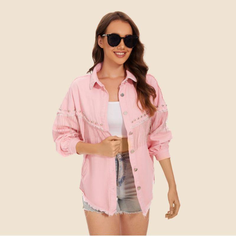 

Denim Jacket European and American New Women Heavy Industry Ins Style Chain Rivet Street Fashion Single-Breasted Outerwear Pink XL