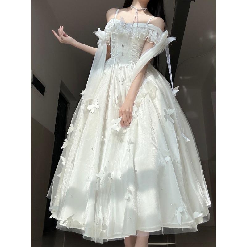 Lolita Göttin Fee Kleid Frühling Sommer Perlen Schmetterling Weiß Lange Urlaub