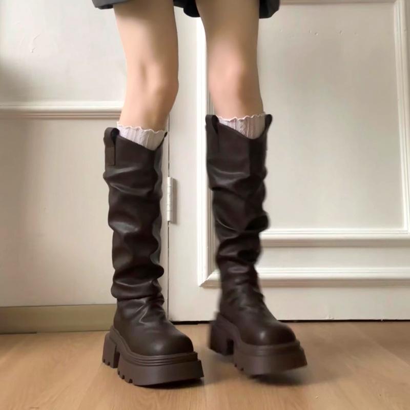 Autumn Winter Platform Thick Bottom Women's Long Boots Slip on Shoes Vintage Ladies Knight Boots