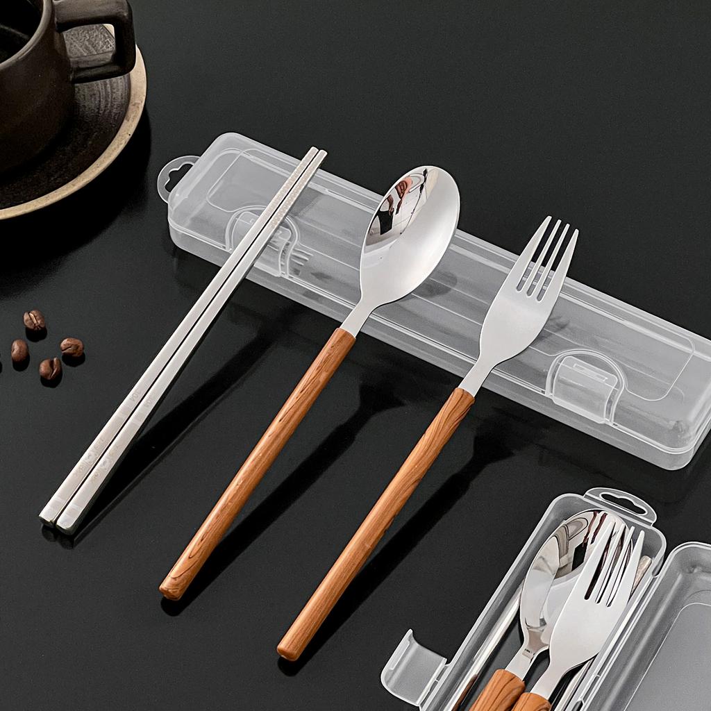 4Pcs/Set Picnic Cutlery Set Wood Grain Handle 304 Stainless Steel Fork Spoon Chopsticks With Case Outdoor Portable Dinnerware
