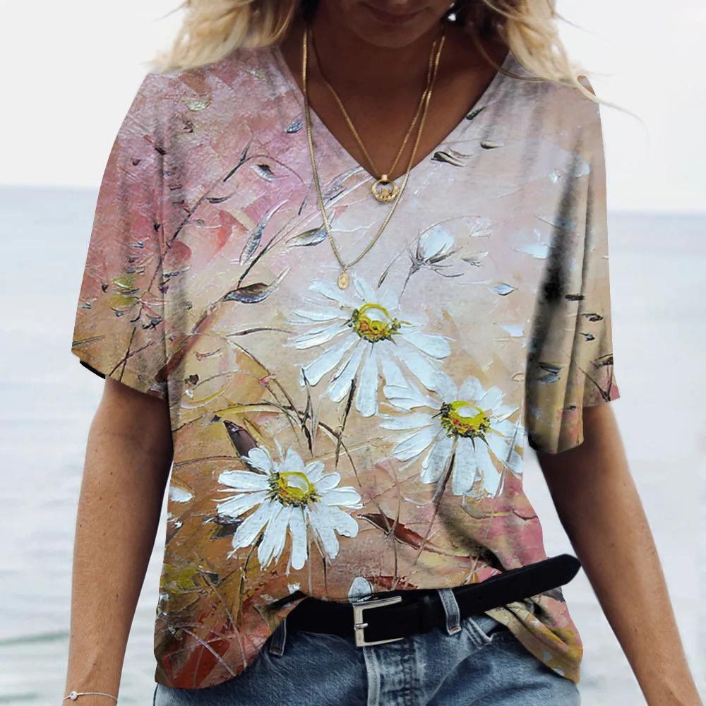 Print T-shirt Women Streetwear Casual T Shirts Y2k Tops Woman Harajuku V-Neck Tees Oversized Clothing