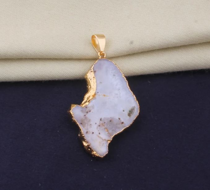 Large Raw White Druzy Gemstone Pendant, Electroplated Raw Pendant, Raw Crystal Necklace, Birthstone Gift Pendant, Raw Gemstone Pendant