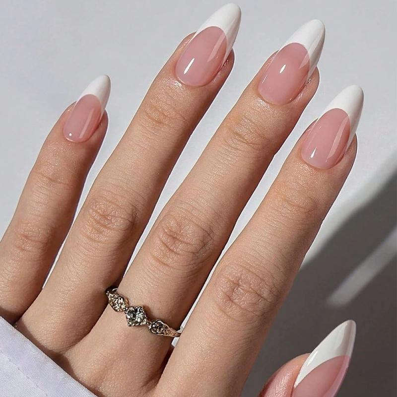 Almond Shape French Fake Nails Light Pink Full Cover Press On Nails White Edge Design Simple False Fingertips