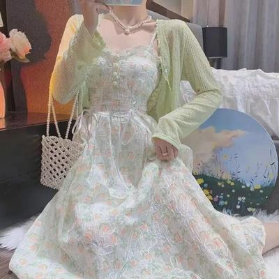 Women's Floral Mid-Length Dress & Thin Summer Cardigan Set
