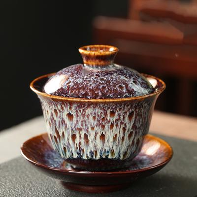 Jianzhan Tasse à thé en porcelaine Gaiwan soucoupe exquise ciel étoilé en céramique émaillée Gaiwan four Transformation couvercle bol soupe avec couvercle