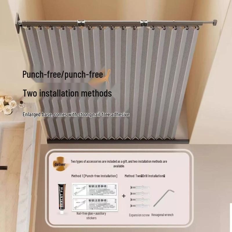 Foldable Shower Curtain Set: Invisible Waterproof Bathroom Partition for Dry and Wet Separation, Punch-free Installation.