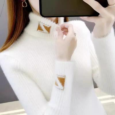 Solid Letter Print Turtleneck Sweater Women Autumn Winter Long Sleeve Knit Pullover Sweet Slim Basic Knitted Top