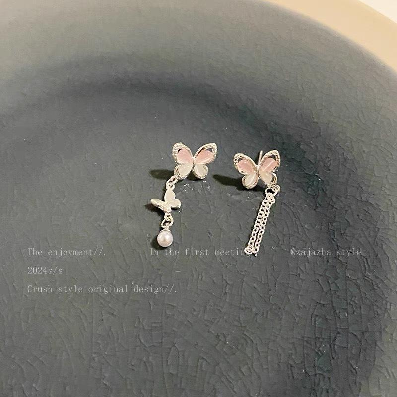 

Asymmetrical blue opal butterfly fringed stud earrings women s new light luxury earrings sweet high-end earrings