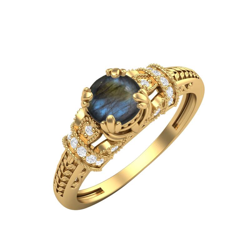 

5MM Round Labradorite Gemstone 925 Sterling Silver Gold Plated Solitaire Blossom Design Women Wedding Ring 7.5 жовтий