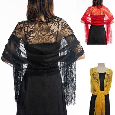 Elegant Wedding Tassel Shawl Female New Pure Color Hollow Lace Party Bride Bridesmaid Mesh Yarn Temp