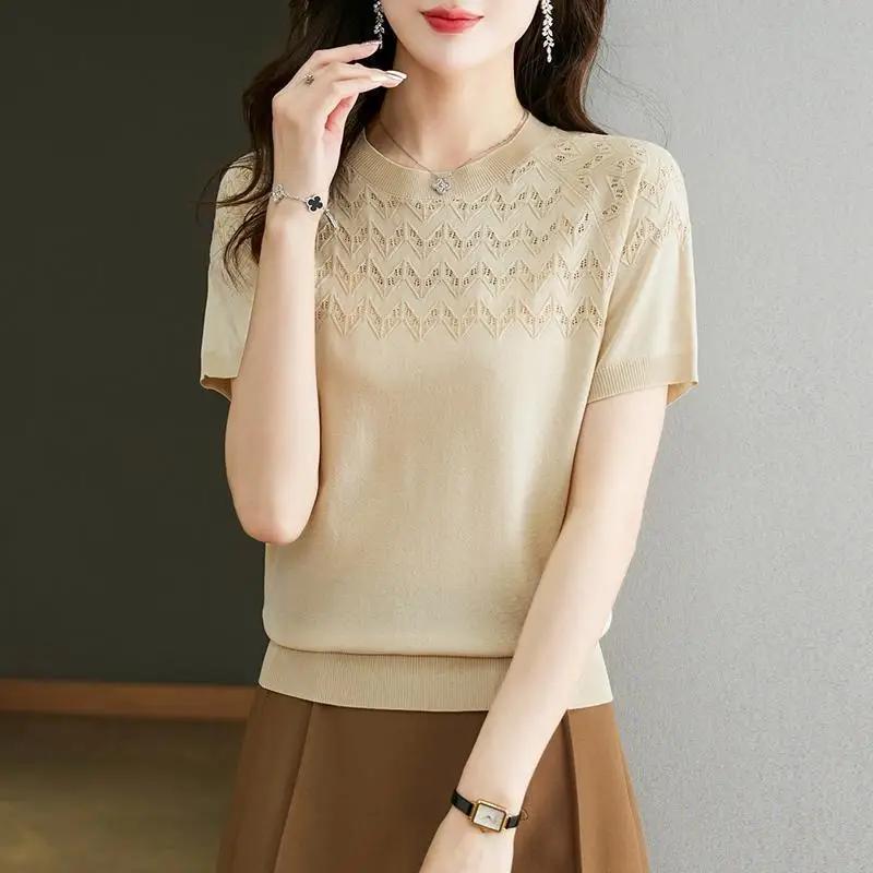 Women's Hollow Out Knit T Shirt Casual Short Sleeve Sweater Top