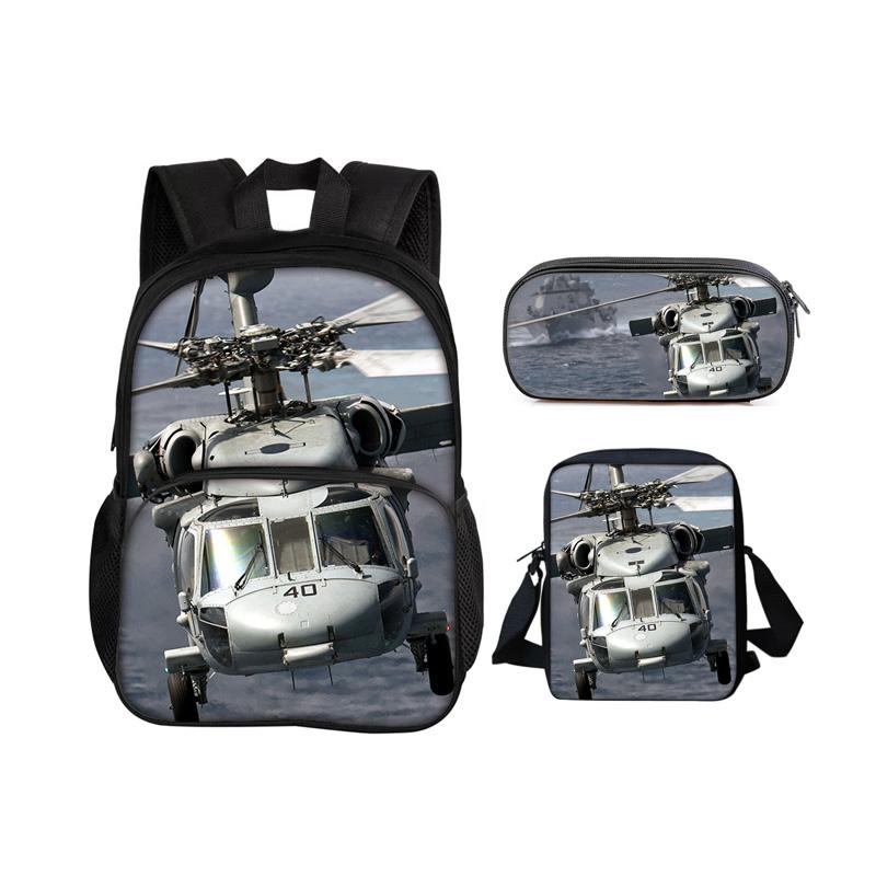 Helicopter Round Front Bag Backpack Pencil Case Shoulder Bag 3Pcs Set Mechanical Printing Best Gift for Boys and Girls In School