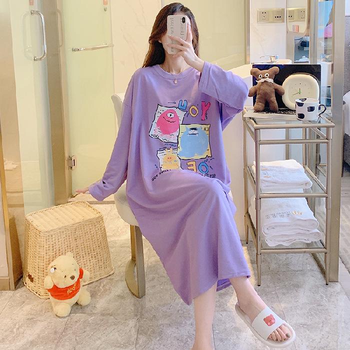 

Симпатичные пижамы Ins с длинными рукавами для женщин - весна/осень, большие размеры (До 300 фунтов), Ночная рубашка средней длины 5XL