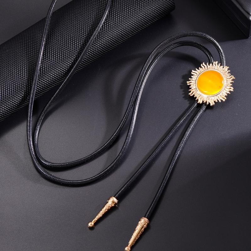 Vintage Sun Shape Gem Stone Bolo Tie Cowboy Costume Accessory for Men and Women Western Braided Cord Necktie Necklace