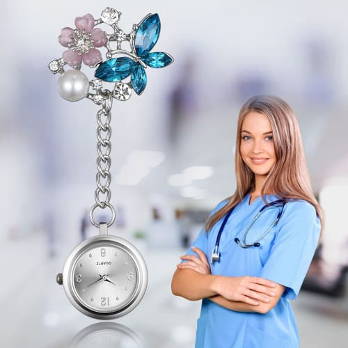 Lancardo Nurse Watch, Butterfly and Petal Design, Pocket Watch with Clip, Women's Analog Watch, Blue, Gift