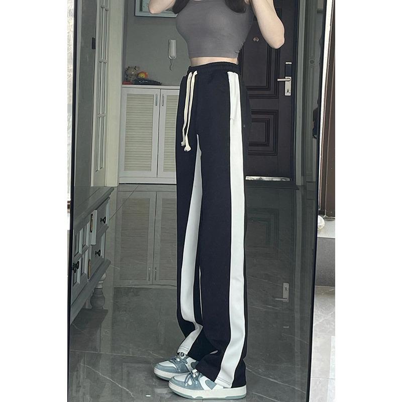 Black & White Side Stripe Wide-Leg Pants - Loose, Casual, Drape Floor-Length, Straight-Leg Sweatpants for Summer